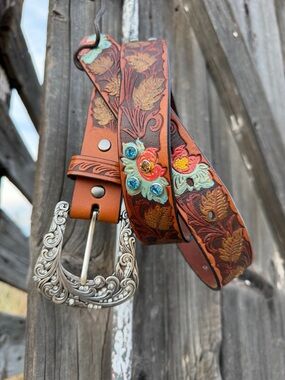 Ariat Tooled and Painted Leather Floral Belt with Turquoise & Amber Rhinestones
